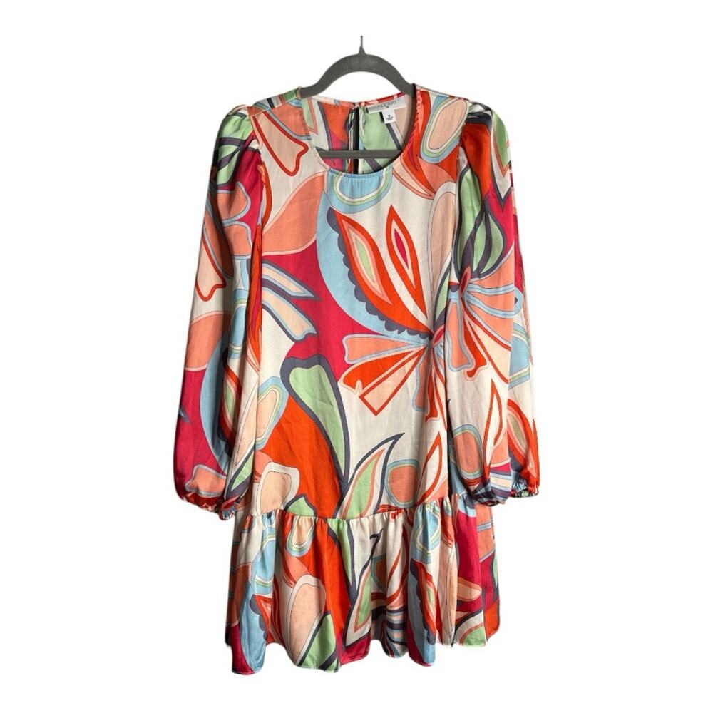 Alexis Orange Green Floral Print Long Sleeve Drop Waist Dress Medium